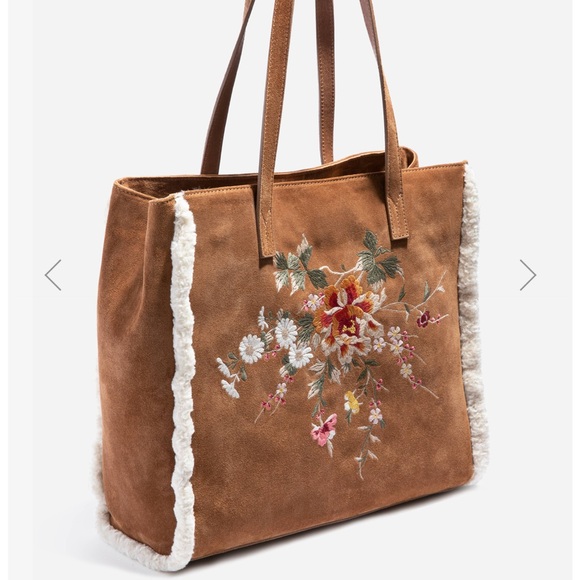 NWT Johnny Was suede Acacia Sherpa tote Italian leather with embroidery - Picture 2 of 13